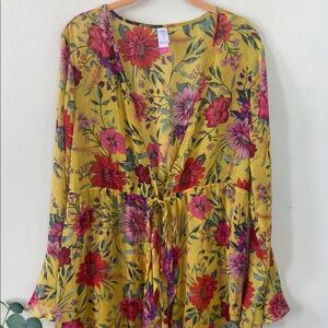 Long Sheer Duster Top Yellow Pink Floral Maxi No Boundaries Large Women's Boho